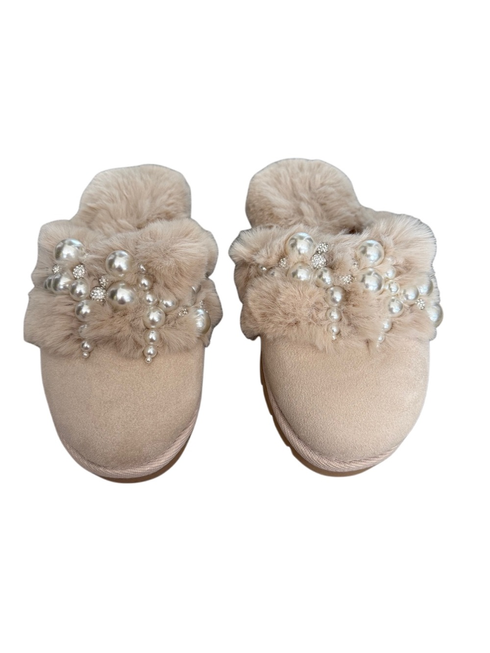 Express Beige Faux-Fur Pearl Embellished Hard Bottom Slippers Size 6